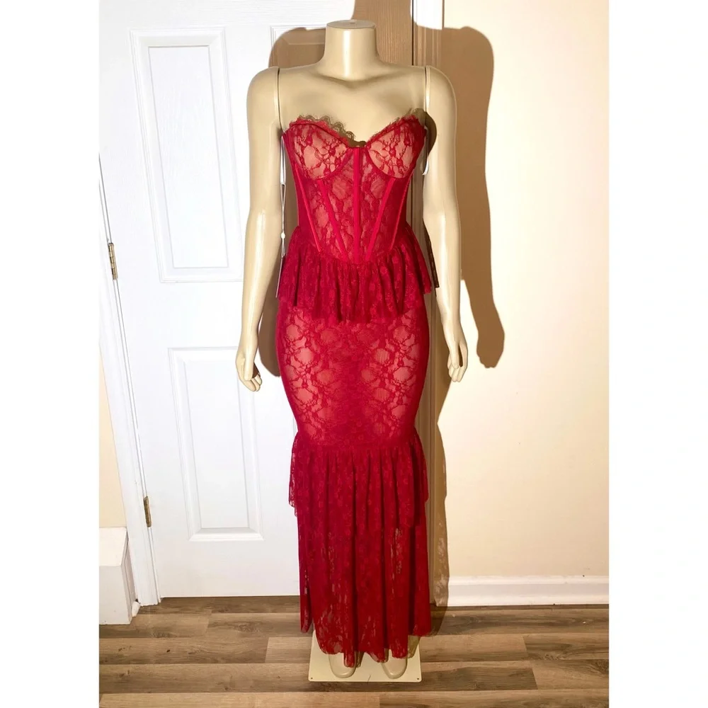 Miss Circle Quennell Burgundy Lace Corset Maxi Dress - Picture 5 of 6